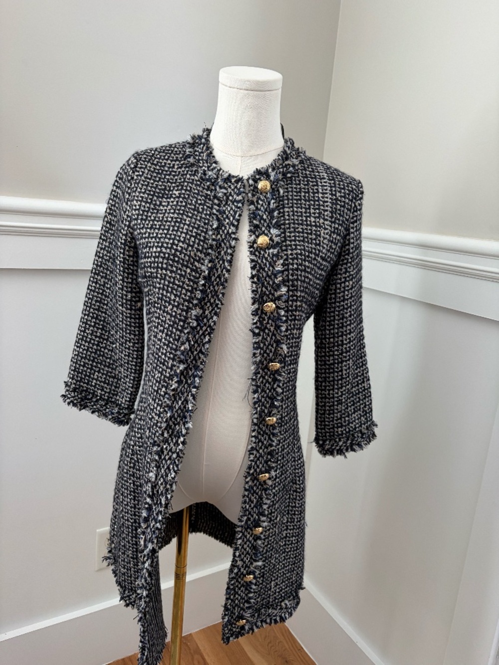 Zara Tweed Jacket Dress Black White Gold Button NWT XS